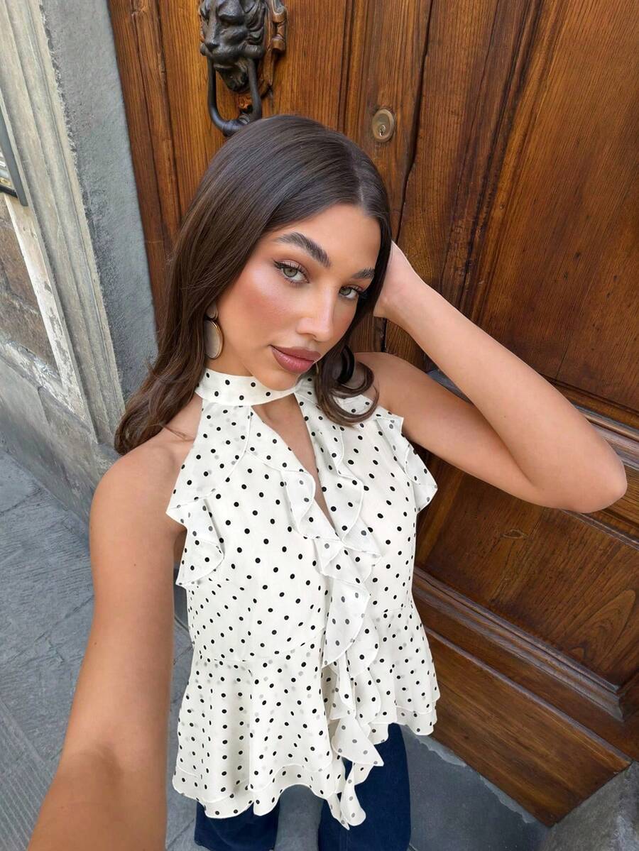 Siren Gaze Vintage Polka-Dot Ruffled Sleeveless High-Neck Top - Sweet, Unique Chiffon Ruffle Top Perfect For Dates