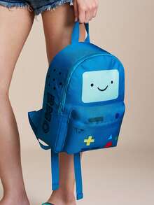 ADVENTURE TIME X SHEIN 1個卡通角色圖案印花聚酯纖維背包，可調節肩帶，適合學生、男士、女士，適用於學校、戶外遠足、休閒健行、旅行、通勤、冒險，BOM - 藍色 - 查看 4