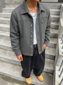 GENIUS ODE Men's Spring/Summer Single-Breasted Lapel Casual Versatile Daily Wear Long Sleeve Denim Jacket - Grey - View 1