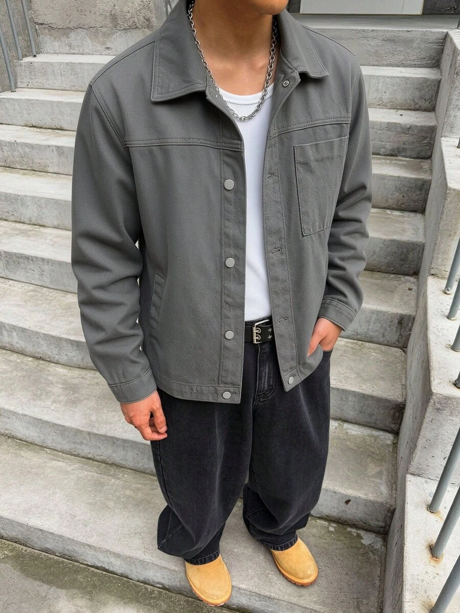 GENIUS ODE Men's Spring/Summer Single-Breasted Lapel Casual Versatile Daily Wear Long Sleeve Denim Jacket - Grey - View 1