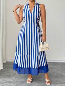 SHEIN LUNE CURVE 大码女士优雅简约通勤休闲度假性感日常约会派对购物荷叶边雪纺拼接蓝白条纹中长连衣裙 - 藍白色 - 查看 8