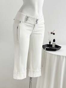 Flirla Plus Size Women's Summer White Elastic Sexy Skinny 3/4 Jeans - White - View 5