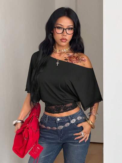 Coolane Women's Summer Streetwear Casual Concert Outfit Rave Outfit Y2K Basic Daily Wear Essentials Contrast Lace Black Off The Shoulder Waist-Cinched T-Shirt