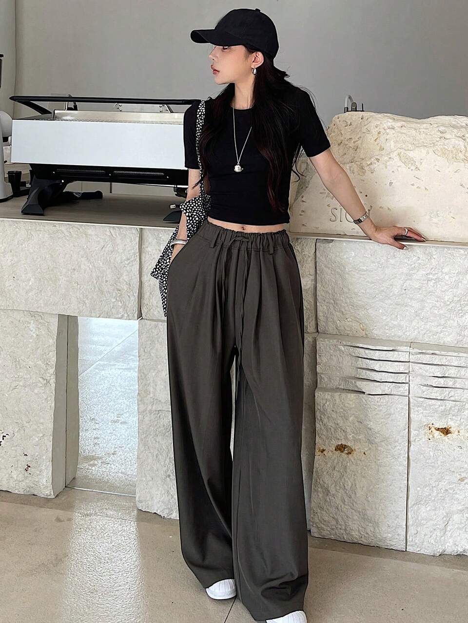 Women's Solid Color Waist Tie Pocket Wide Leg Long Pants ,Petite Women