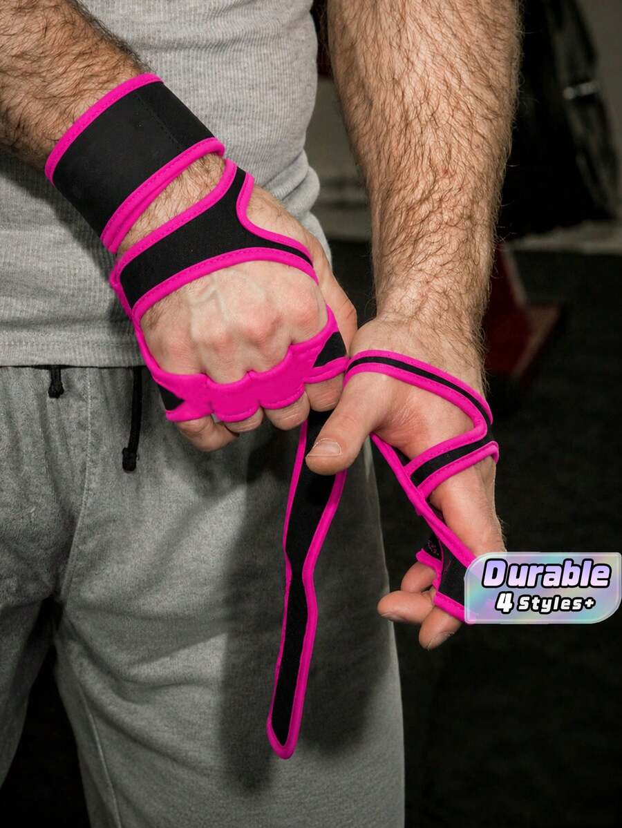 1 Pair Ventilated Weight Lifting Workout Gloves For Men Women, Built-In Wrist Wraps And Non-Slip Palm Silicone Exercise Gym Gloves For Cross Training Powerlifting. - Pink - View 1
