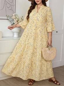Comfylo Ditsy Floral 3/4 Sleeve Patchwork Tiered Maxi Dress Plus Size - Yellow - View 8