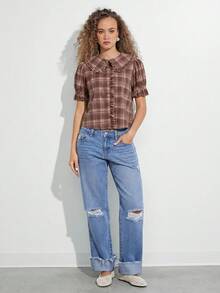 WESTFADE Kemeja Kancing Depan Lengan Pendek Berkerah Ruffle Motif Kotak-kotak, Atasan Kasual Lucu Gaya Pedesaan untuk Wanita, Musim Gugur - Berwarna merah muda - View 5