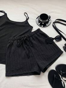 SHEIN EZwear Women's Casual Versatile Black Woven Shorts, Summer - Black - View 7