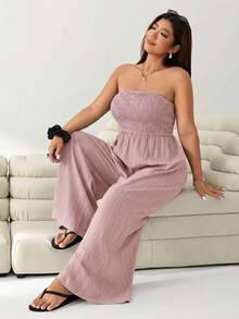 Solflare Women's Plus Size Strapless Ruched Bust Pink Long Jumpsuit Beach Summer Medieval - Baby Pink - View 4