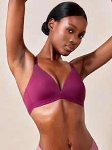 Veilyse 1pc V-Shaped Women Comfortable Wireless Soft Cup Solid Color Bra - Burgundy - View 6