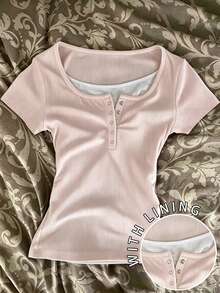 SHEIN Women's Casual Comfortable Breathable Short Sleeve T-Shirt - Pink - View 1
