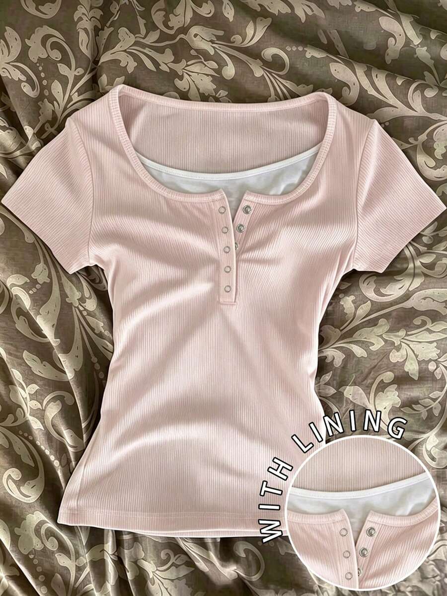 SHEIN Women's Casual Comfortable Breathable Short Sleeve T-Shirt - Pink - View 1
