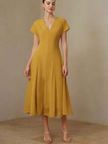 BELROSIE Vestido largo de color claro con cuello en V, cintura ceñida, falda completa con patchwork, falda en A, vestido con cuello en V, manga corta con pliegue, rosa claro, estilo primavera/verano, elegante minimalista, tela ligera, ropa de oficina, atuendo para cita nocturna, atuendo de vacaciones. Diseño de patchwork de gasa, vestido de longitud media para mujer - Amarillo - Ver 3