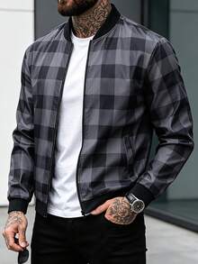 Manfinity Homme Men's Fashionable Checkerboard Print Zipper Front Long Sleeve Jacket - Multicolor - View 2