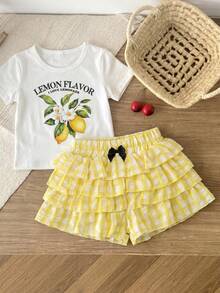 Emery Rose Kids Emery Rose Kids 女童小女孩字母檸檬印花短袖T恤與蛋糕裙褲休閒套裝 - 黃色 - 查看 3