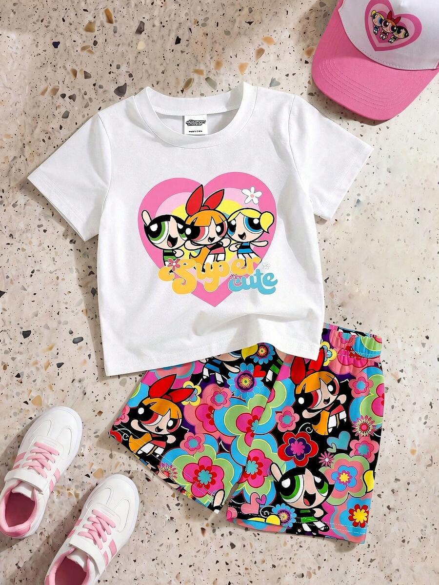THE POWERPUFF GIRLS X SHEIN GraphicGems 1 طقم تي شيرت كاجوال لطيف بطبعة كرتونية برقبة دائرية وأكمام قصيرة مع شورت بطبعة كاملة للبنات الرضع - متعدد الألوان - مشاهدة 1