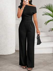 SHEIN Lady 女款純色不對稱單肩上衣與長褲休閒兩件套 - 黑色 - 查看 1