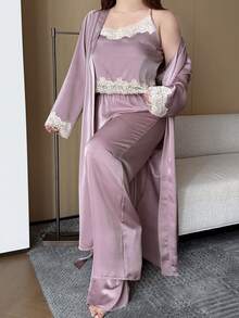 Dazy Plus Conjunto de 3 piezas de pijama romántico y elegante para boda con bata de satén, camisola de encaje con patchwork y pantalones largos, talla grande para mujer, primavera, verano y otoño - Rosa - Ver 5