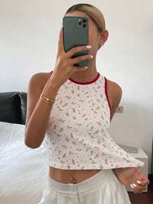 DAZY 女款花卉印花圓領對比飾邊修身百搭休閒上衣 - 紅色 - 查看 4
