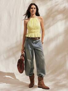 Easelle Women's Cream Yellow Ruched Halter Tie Back Camisole, Spring/Summer - Light Yellow - View 6