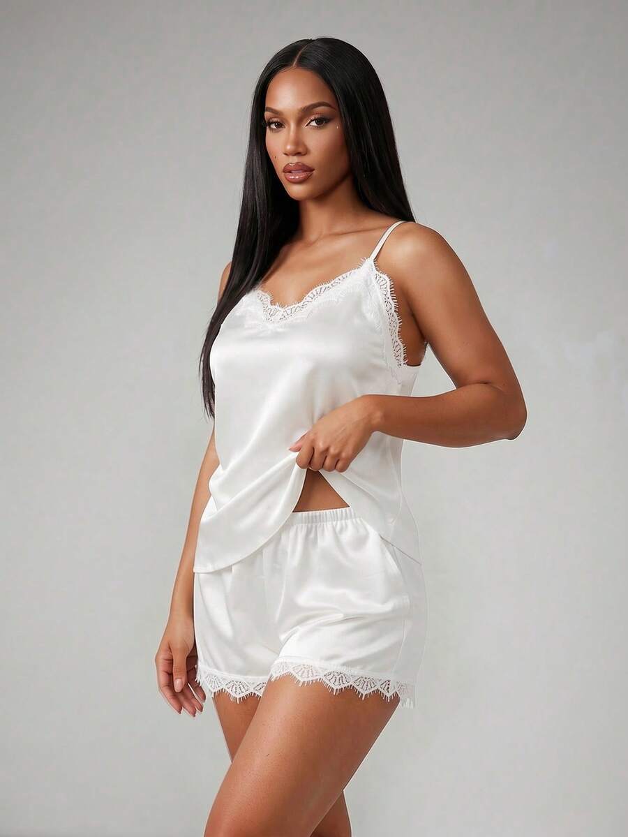 Silforma Lace Trim Satin Cami Top & Shorts Pajama Set White Set - White - View 1