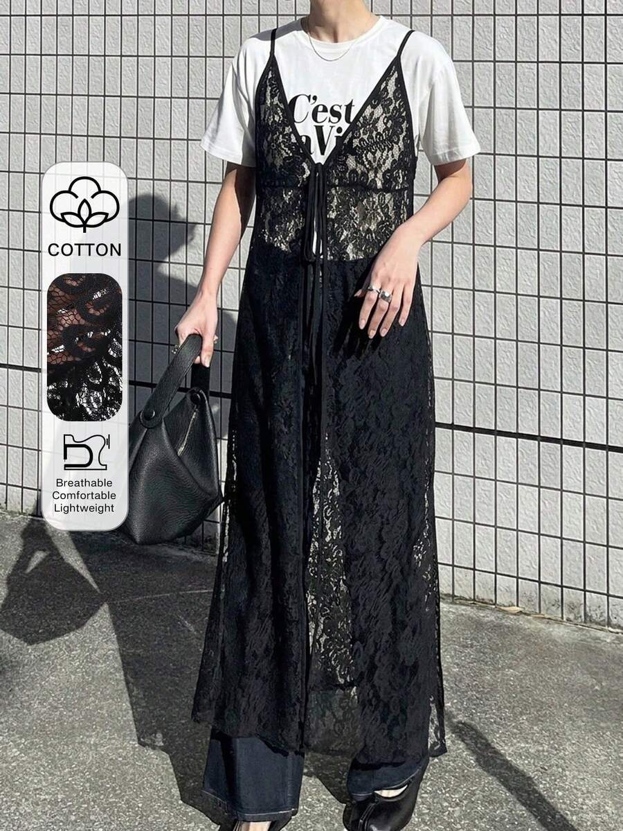 FRIFUL 女士蕾丝拼接性感约会派对吊带裙夏季连衣裙 - 黑色 - 查看 1