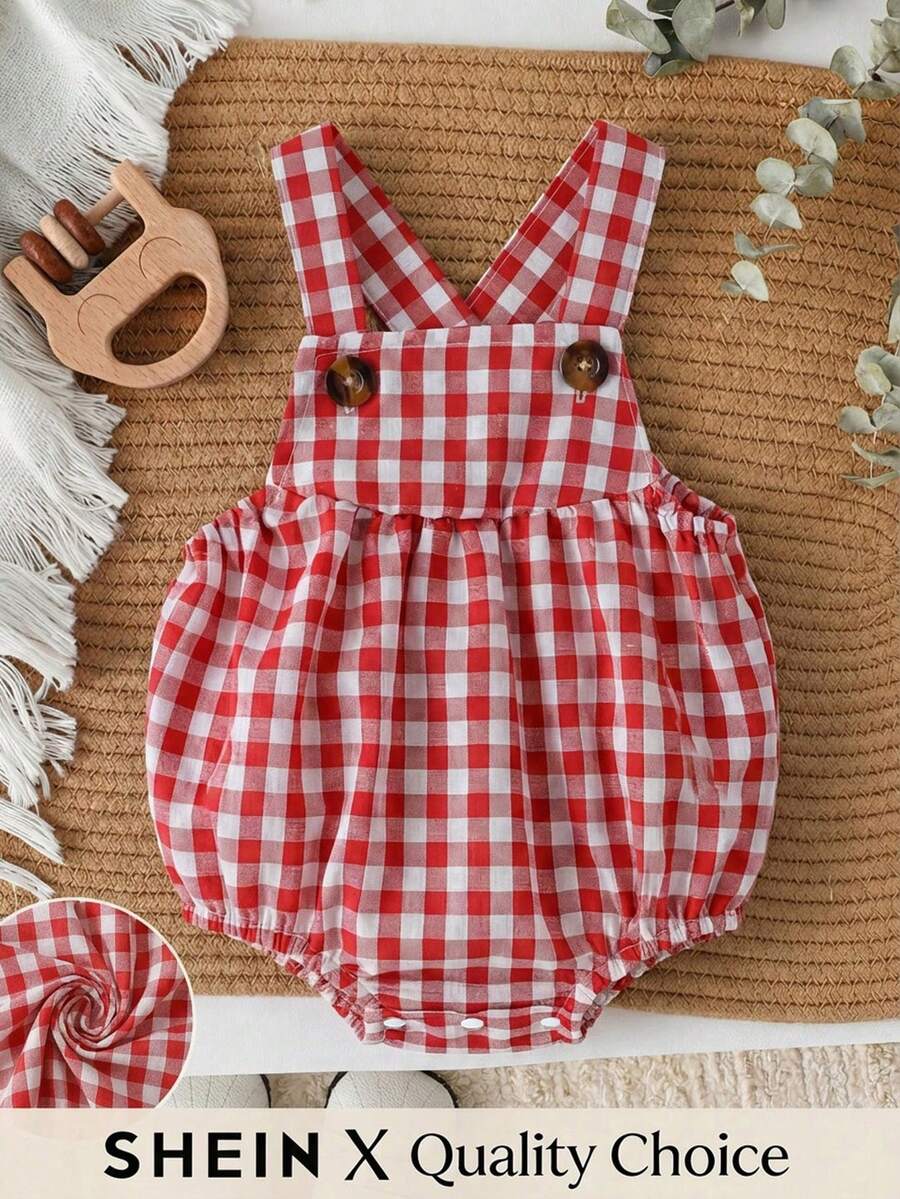 SHEIN Vintaside Kids 女嬰白色與紅色夏季可愛度假連身衣休閒簡約連身褲日常穿著春季服裝適用於嬰兒與幼兒0-3歲