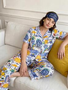Chillnights Young Colorblock Vacation Lemon Sun Coconut Tree Print Comfortable Loose Fit Lapel Button Front Woven Plus Size Pajama Set - Multicolor - View 6