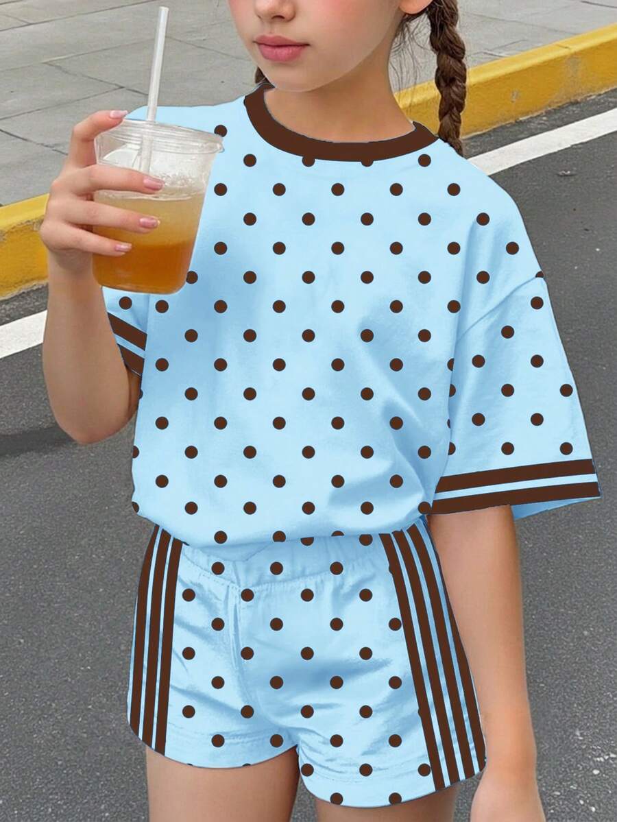 兒童青少年女孩休閒可愛簡約短袖T恤短褲兩件套,適合夏季度假,淺藍色 - 彩色 - 查看 1