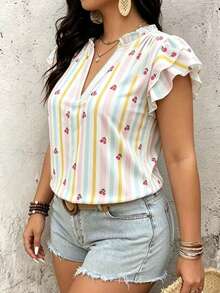 Breezaya Plus Size Women's Woven Regular Summer Casual Fairycore Commuter Comfortable Minimalist Floral Print Ruffle Collar Loose Lantern Sleeve Blouse Party - Multicolor - View 4