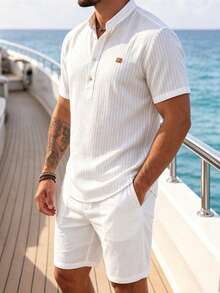 VENTUSAIL Men's Summer Thin Faux Linen Striped Vacation Casual Loose Patchwork Pullover Short Sleeve Shirt And Solid Color Elastic Waist Shorts Set - White - View 7