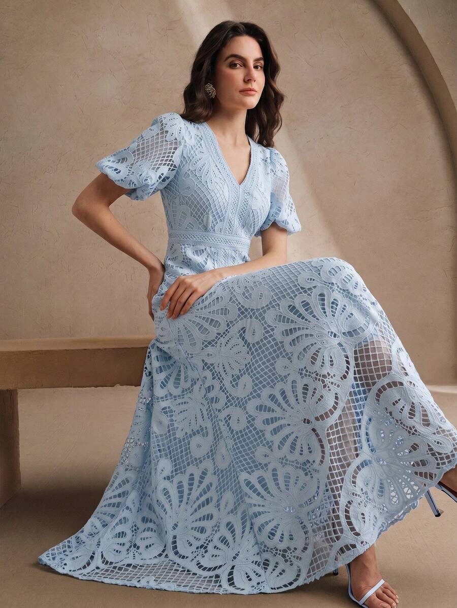 Anewsta 優雅淺藍色水溶性刺繡V領花瓣袖魚尾下擺女款夏季洋裝，婚禮新娘約會之夜派對穿搭 - 藍色 - 查看 1