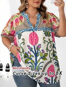 SHEIN CURVE+ 女款大尺碼短袖條紋雛菊印花襯衫，休閒日常穿著 - 彩色 - 查看 1