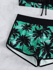 SHEIN Swim 女款短版蝴蝶結掛脖上衣與熱帶植物印花短褲兩件式泳衣套裝，隨機印花 - 綠色 - 查看 5
