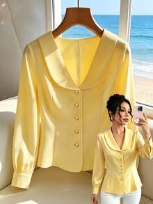 SHEIN Franclia French-Style Elegant Long-Sleeved Square-Neck Shirt, Light Yellow Summer Vacation Tea Break Shirt, Elegant Commuter Work Shirt - Light Yellow - View 6