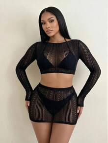 Sirith 2pcs/Set Women's Solid Color Sexy Hollow Out Fitted Mesh Cover-Up - Black - View 5