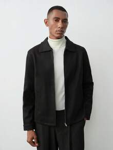 MENRIVO Men's Casual Solid Color Zip-Up Collar Long Sleeve Overcoat - Black - View 1