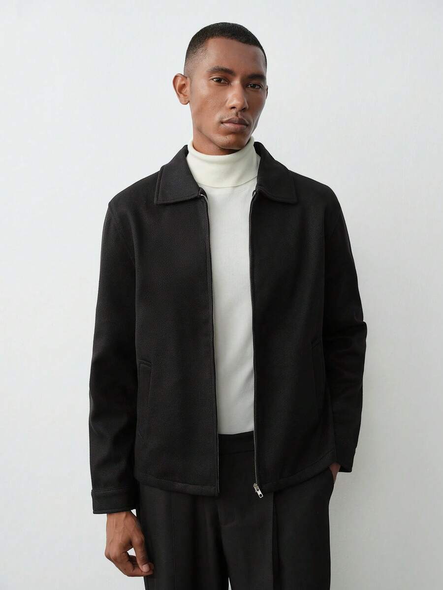 MENRIVO Men's Casual Solid Color Zip-Up Collar Long Sleeve Overcoat - Black - View 1