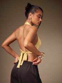 Hauture Women's Sexy Basic Casual Front Metal Closure Detail Going Out Club Night Halter Top Pale Yellow Summer - Yellow - View 2