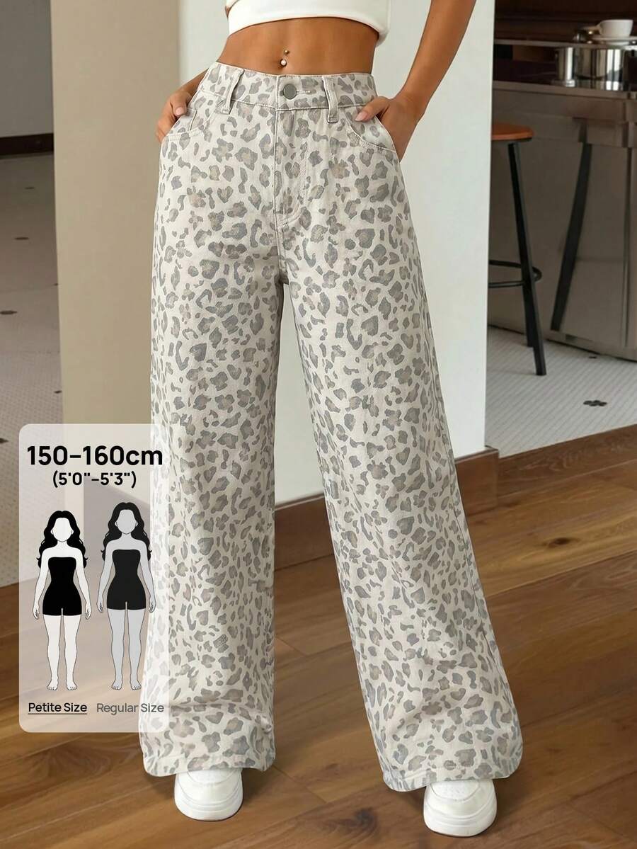 SHEIN PETITE Petite Size Women's High Waisted Grey Leopard Print Loose Wide Leg Floor Length Jeans, Vintage Street Wear Y2k Casual Everyday Night Summer - White - View 1