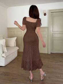 Feyla Women's Summer Elegant Solid Color Textured Mid-Length Dress - Coffee Brown - View 2