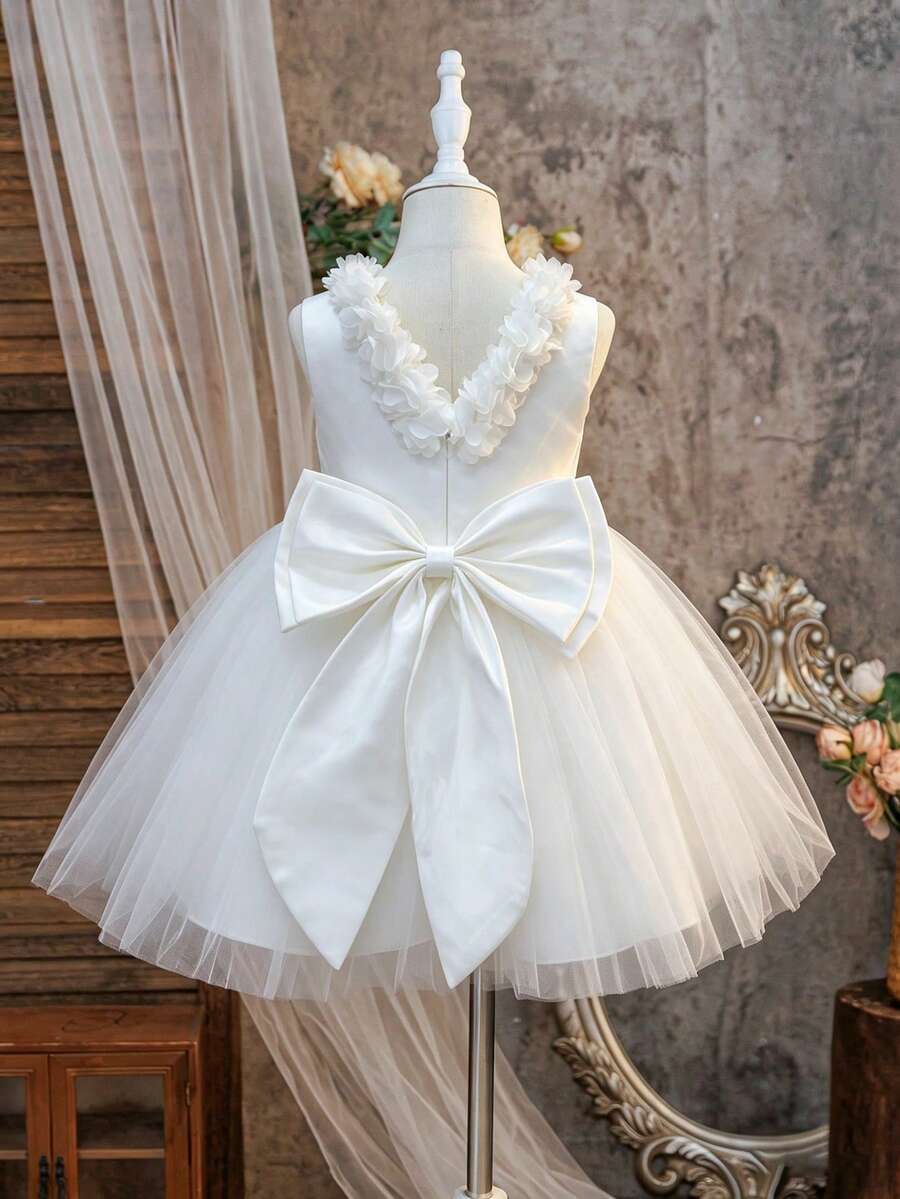 Glamorique Kids 四季女孩花童婚禮純白色洋裝,大蝴蝶結薄紗芭蕾裙,V領背 3D 花卉花童公主裙,生日派對禮服 - 白色 - 查看 1