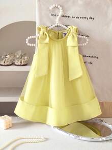 Girls' Bean Paste Pink Tulle Dress, Spring/Summer Sleeveless Bow Princess Dress - Yellow - View 2