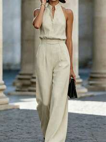 SHEIN 2pcs/Set Summer Minimalist Solid Color Notch Neck Sleeveless Tank Top And Pants - Apricot - View 7