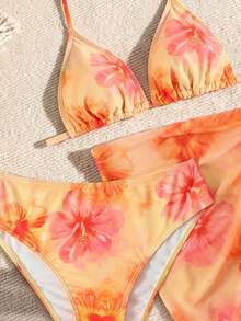 SHEIN 3pcs/Set Teen Girls Floral Print Bikini Set + Mini Skirt, Suitable For Beach, Vacation, Sports, Photo Shooting, Surfing, Hawaii Holiday - Yellow - View 3