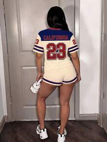 Slaydiva Casual Retro Style Red & Blue Contrast Vintage Numeral & Letter Print 2 Pieces Set, Suitable For Spring/Summer, Sports Season - Multicolor - View 2