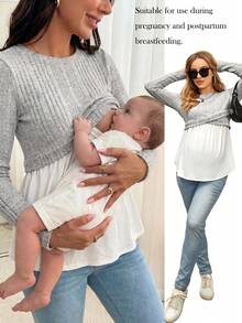 SHEIN Maternity Cross Wrap 2 In 1 Nursing Tee With Long Sleeve Fall - Light Grey - View 2