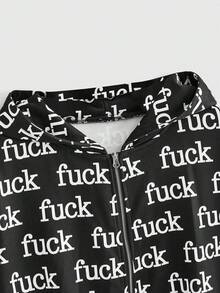 ROMWE Autumn/Winter Punk Slogan Street Print Open Front Hooded Sweatshirt - Black and White - View 3