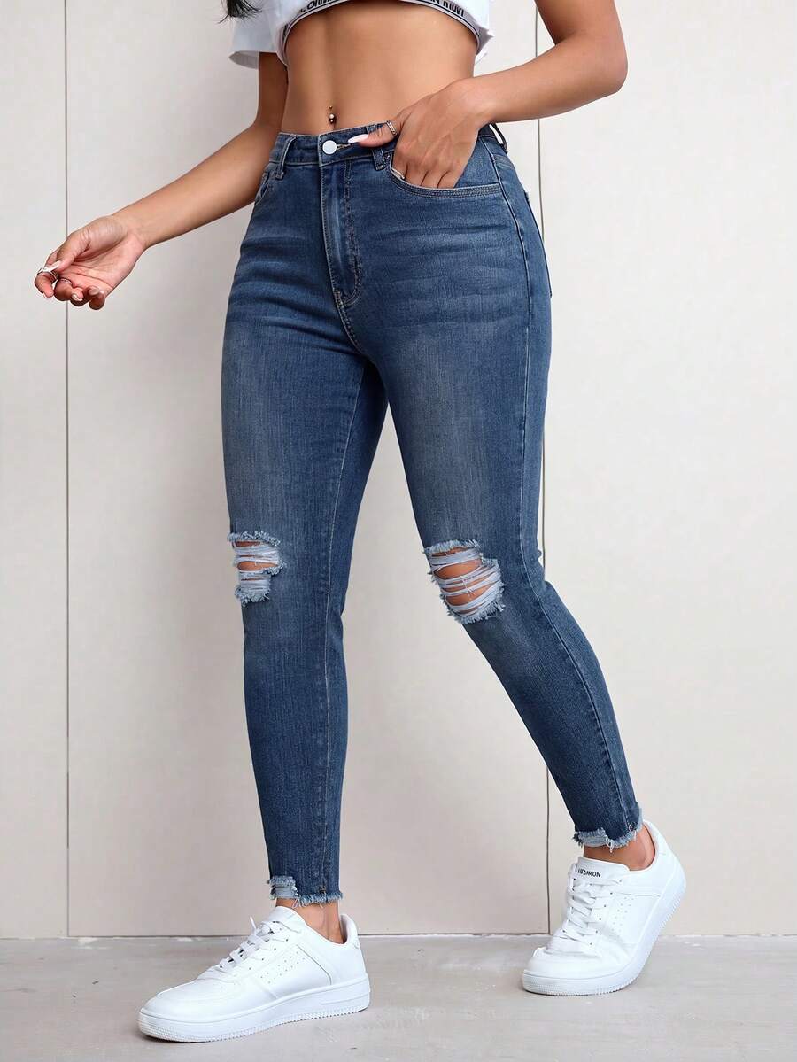 SHEIN Unity Plus Size Women's Distressed Street Style Kawaii Casual Formal Skinny Leg Jeans Back-To-School Graduation Navy Blue Summer Club - Dark Wash - View 1