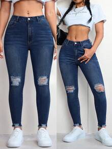 SHEIN Unity Plus Size Women's Distressed Street Style Kawaii Casual Formal Skinny Leg Jeans Back-To-School Graduation Navy Blue Summer Club - Dark Wash - View 3